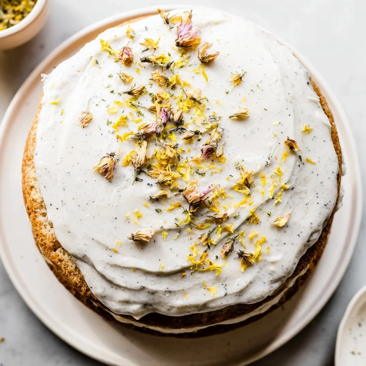 Slice of London Fog cake showing moist tea infused sponge with buttercream frosting