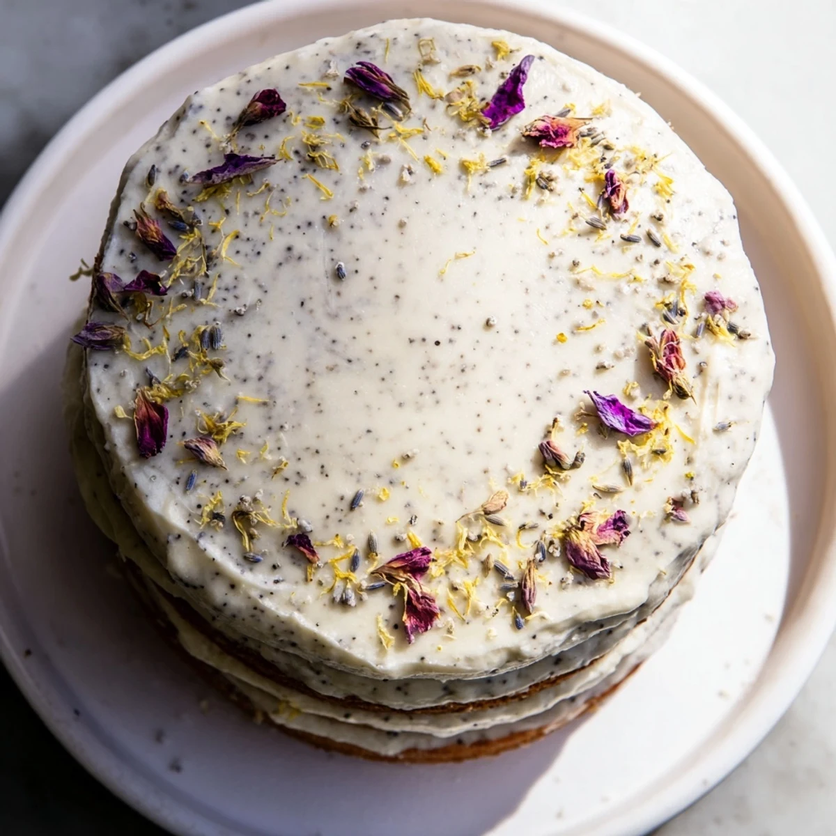 London Fog cake topped with edible flowers and lemon zest on white cake stand
