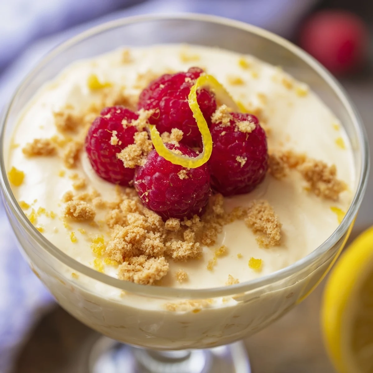 Creamy lemon cheesecake mousse topped with fresh berries and lemon zest in clear glasses