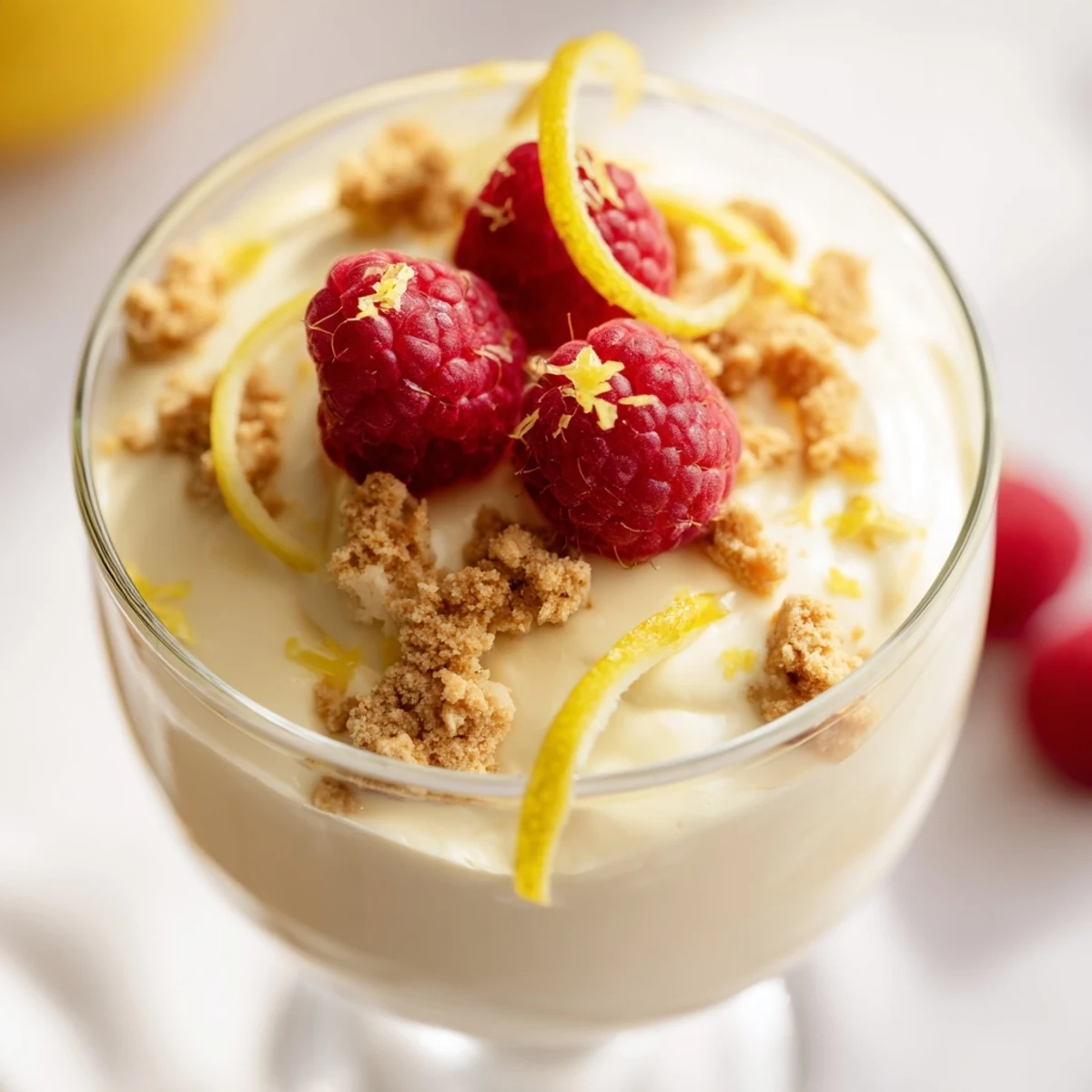 Light and fluffy lemon cheesecake mousse served with graham cracker crumbles and mint