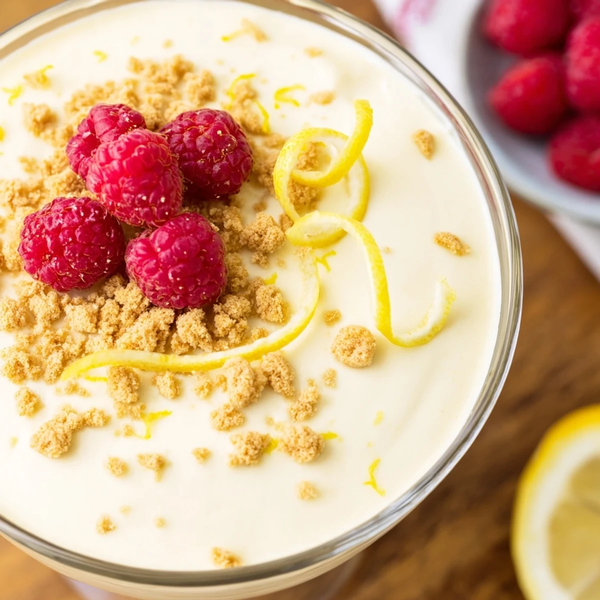 Smooth lemon cheesecake mousse dessert with whipped cream and lemon garnish on white plate
