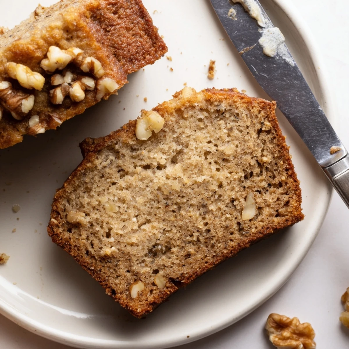 Golden brown ultimate banana nut bread loaf topped with toasted walnuts on a wooden cutting board