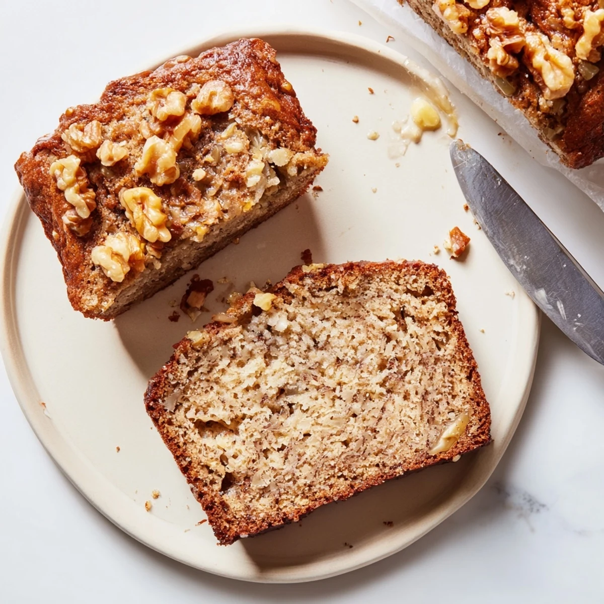 Sliced ultimate banana nut bread revealing moist texture and generous chopped walnut pieces throughout