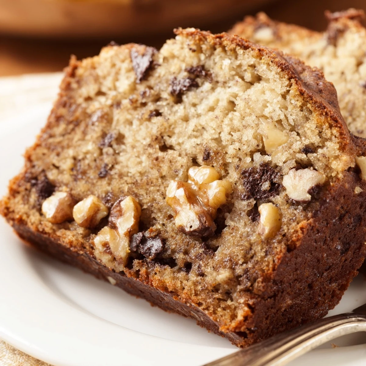 Sliced moist best ever banana bread served on a wooden cutting board