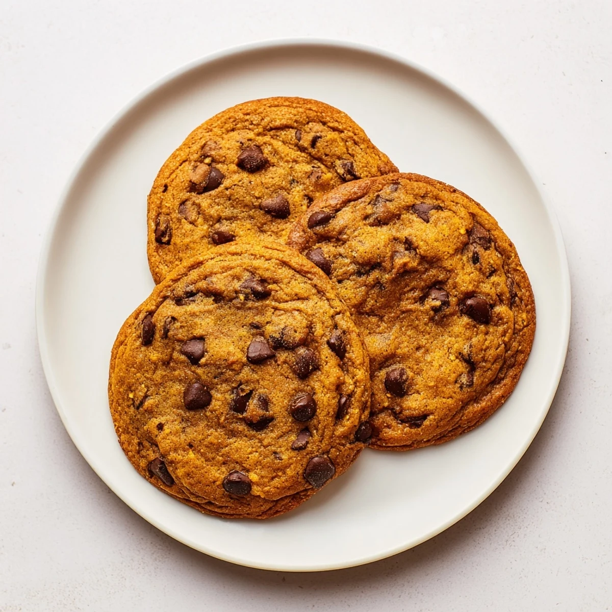 Soft homemade pumpkin spice chocolate chip cookies with melted chocolate chips on a wooden board
