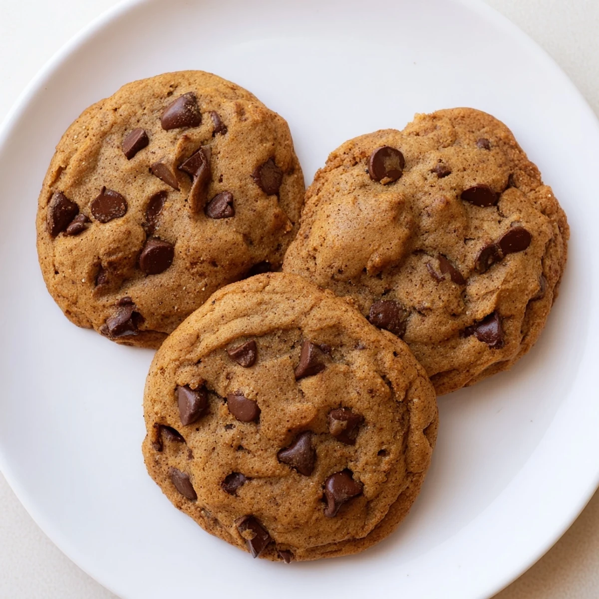 Chewy pumpkin spice chocolate chip cookies stacked on a white plate ready for autumn desserts