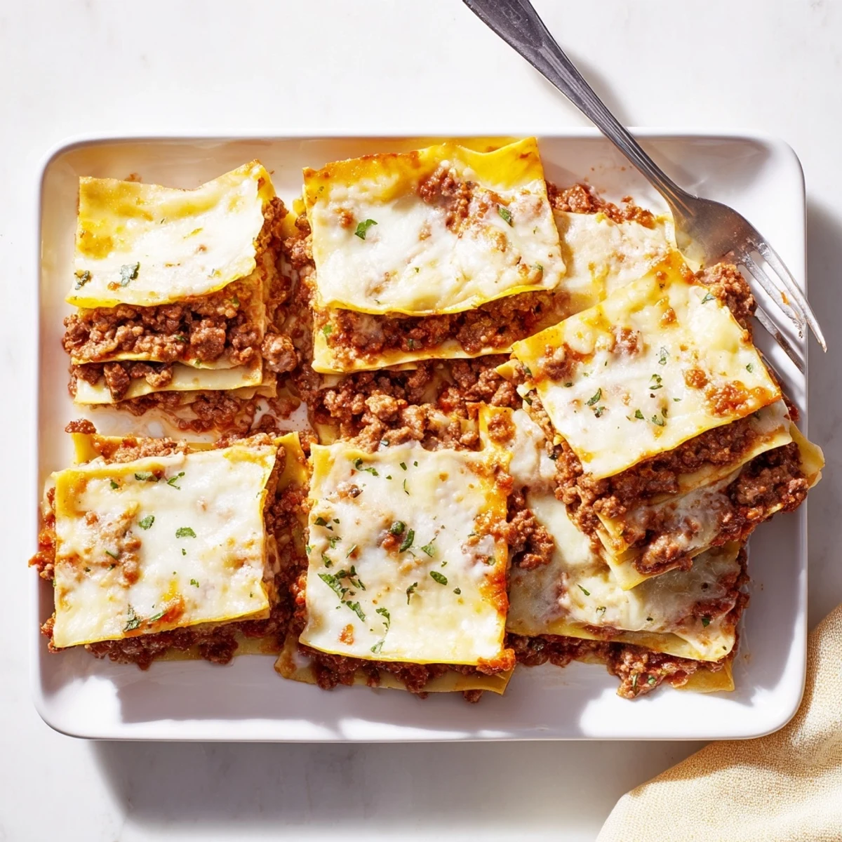 Baked Classic Beef Lasagne topped with melted cheese in a rectangular serving dish