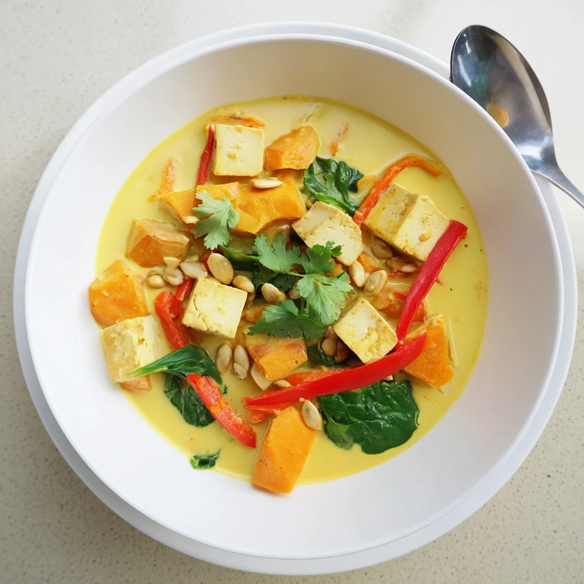 Golden brown tofu cubes nestled in creamy orange pumpkin curry with vibrant spinach