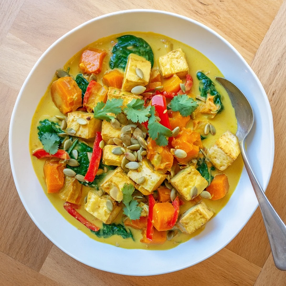 Steamy bowl of vegetarian pumpkin tofu curry served over fluffy white rice with cilantro