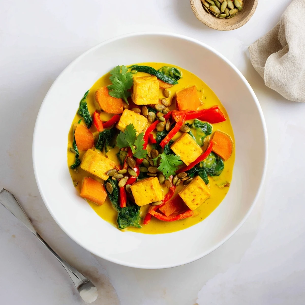Rich coconut curry with tender pumpkin chunks and crispy fried tofu garnished with seeds