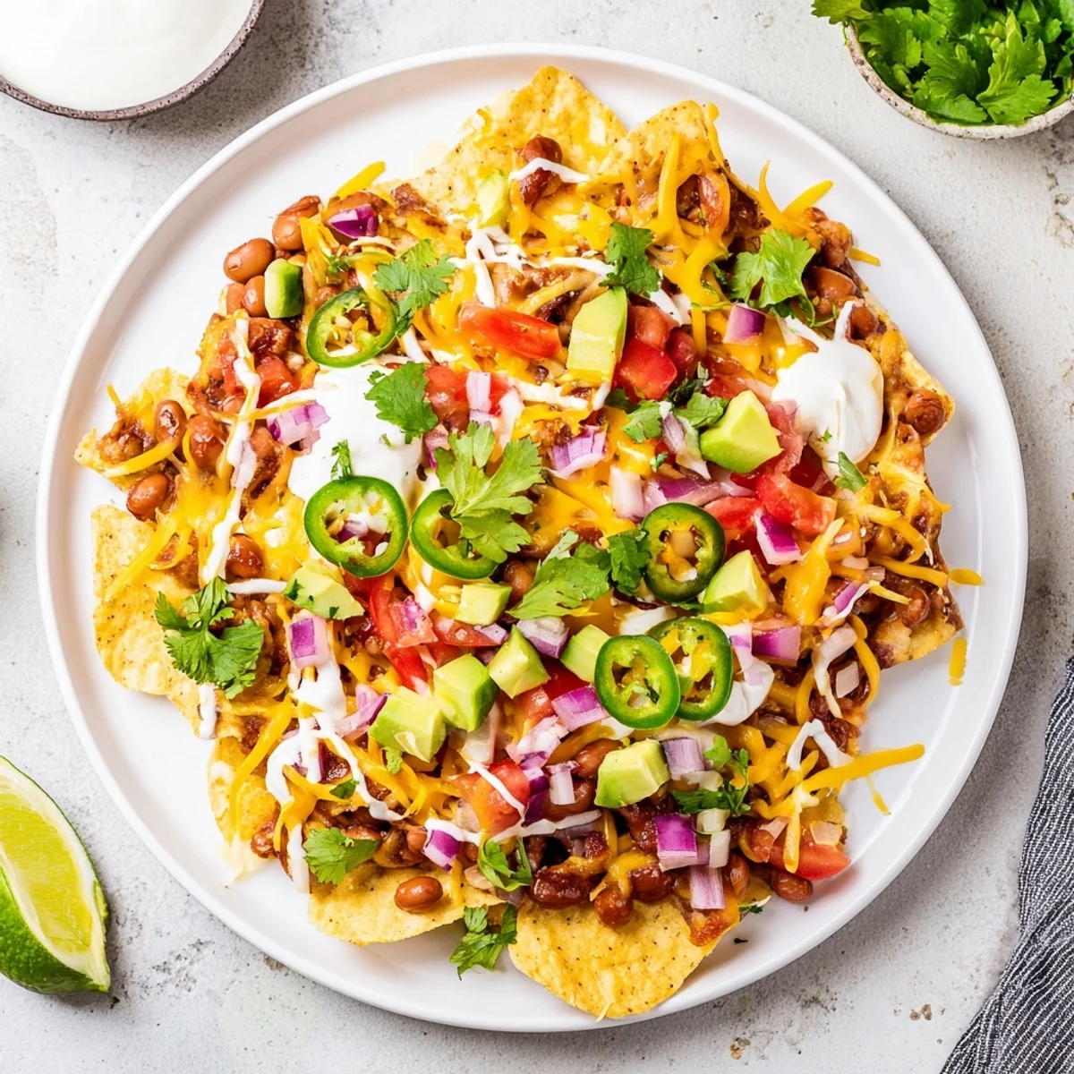 Golden baked bean nachos loaded with melted cheese and colorful fresh toppings on a serving platter