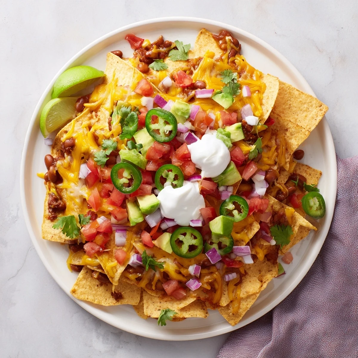 Crispy tortilla chips topped with savory baked beans, bubbling cheddar and Monterey Jack cheese, diced tomatoes, and creamy avocado