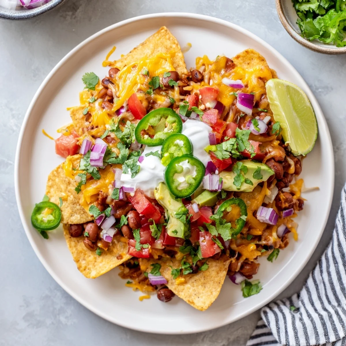 Hearty baked bean nachos with shredded cheese, fresh cilantro, jalapeño slices, and a dollop of sour cream