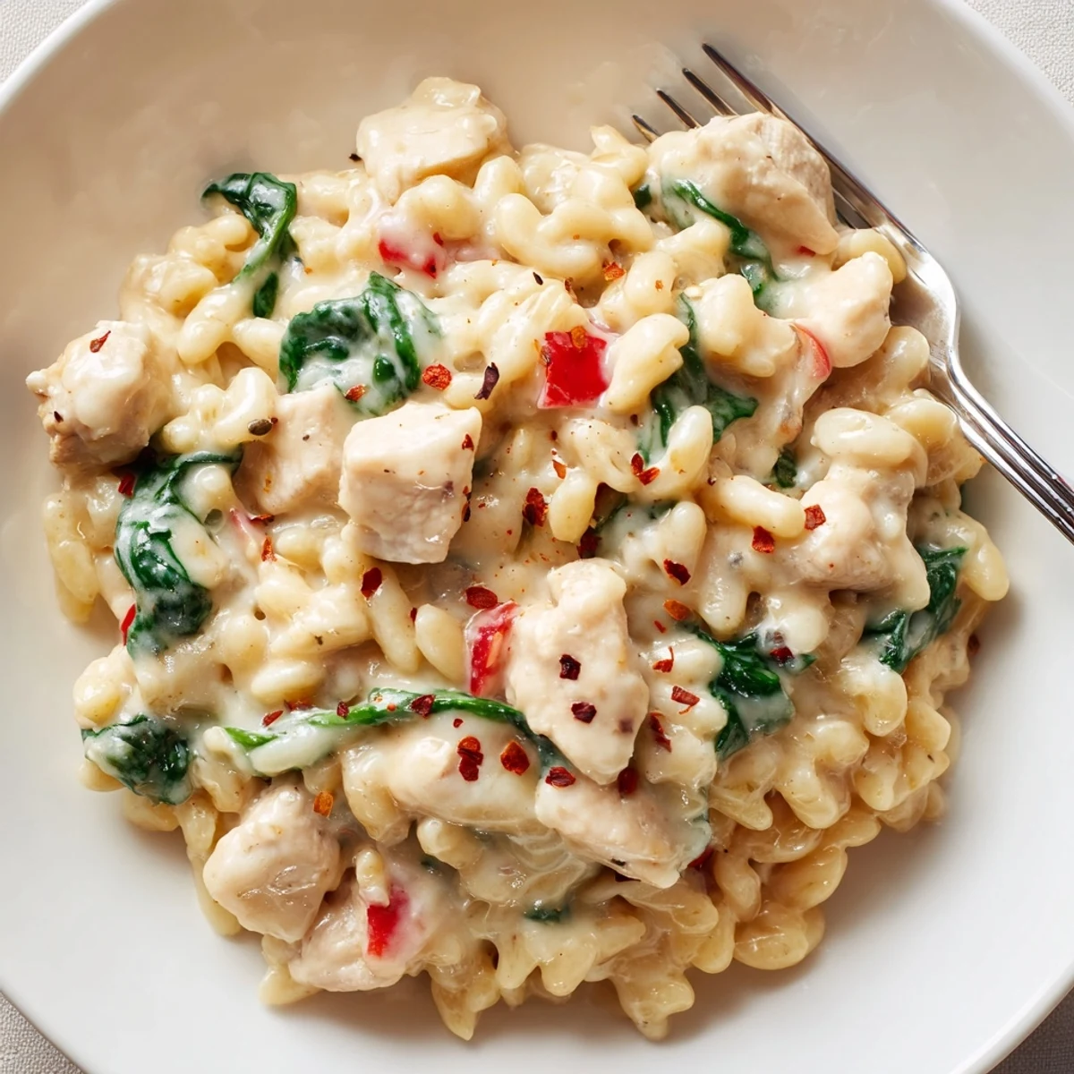 Golden risoni pasta simmered with chicken breast in a rich cheese sauce with spinach