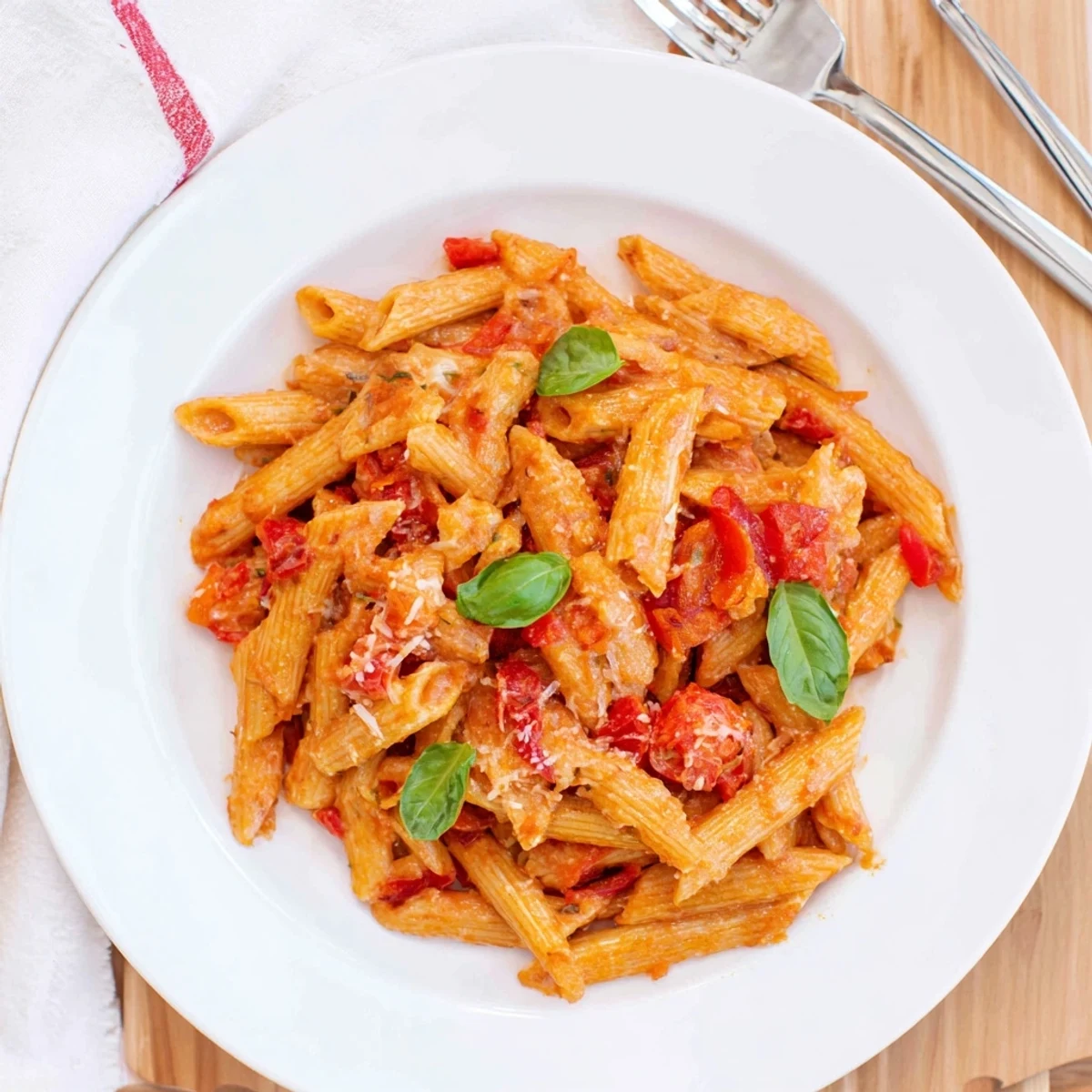 Golden penne pasta coated in vibrant red tomato sauce with fresh basil sprinkles