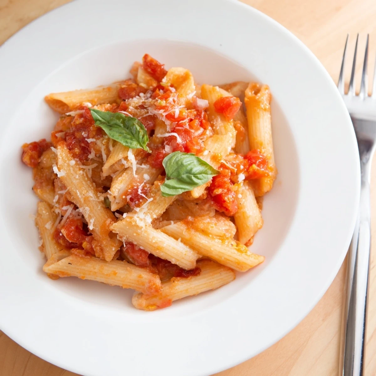 Steaming bowl of 20 minute penne pasta topped with grated Parmesan and green basil