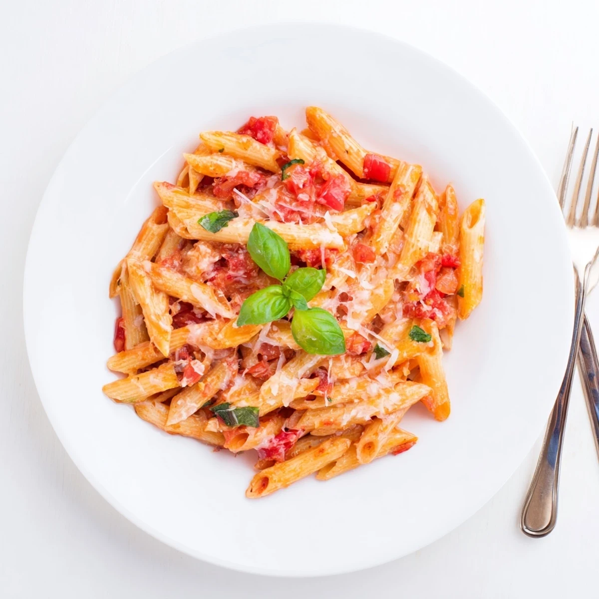 Al dente penne tossed in garlicky tomato sauce served in a white ceramic bowl