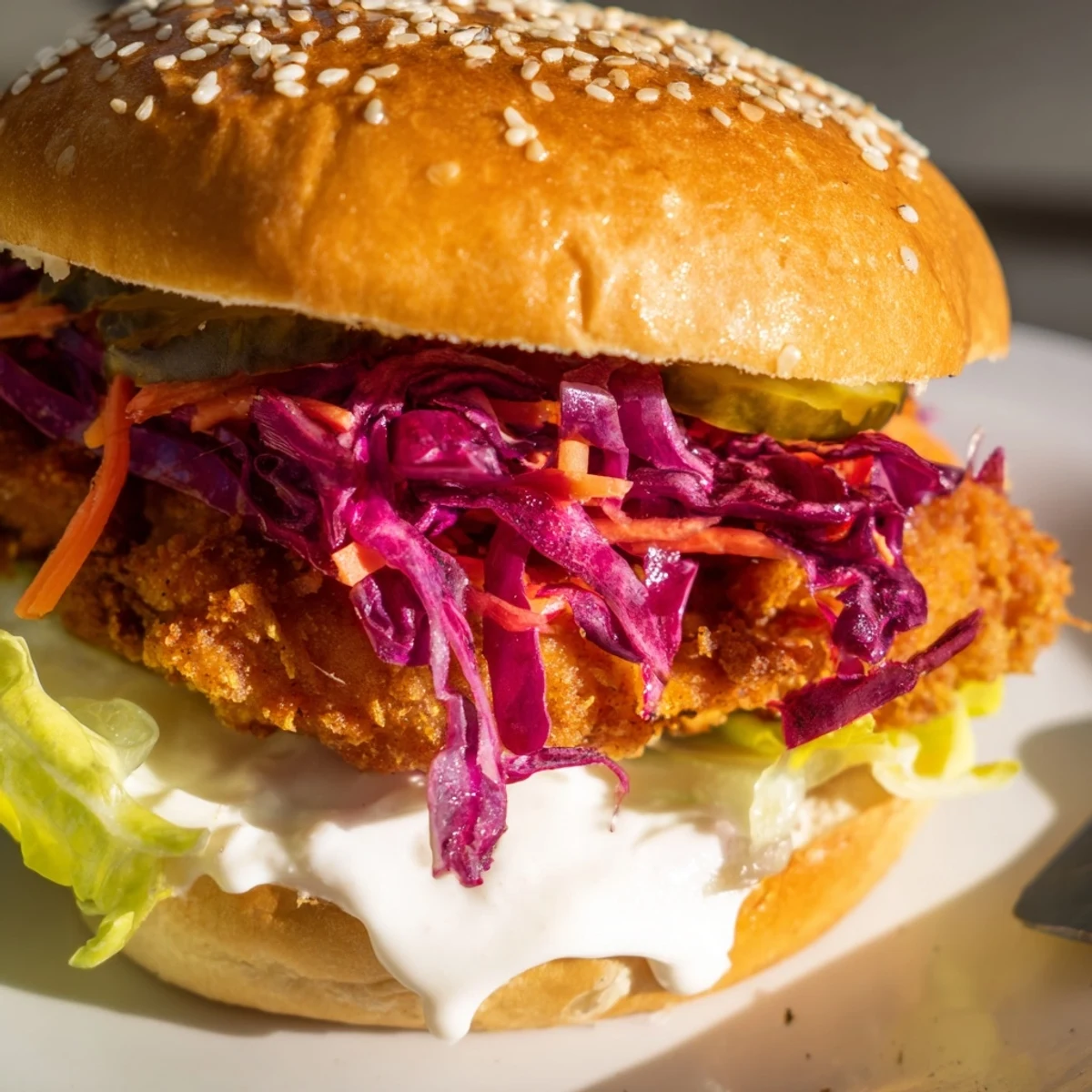 Homemade Southern fried chicken burgers featuring juicy seasoned meat with crunchy slaw and pickles on warm buns