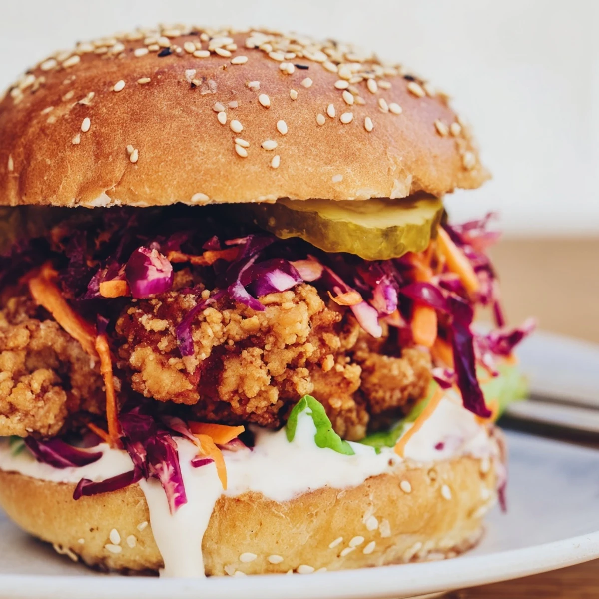 Crispy buttermilk fried chicken thigh sandwich topped with creamy coleslaw and pickle slices in a soft burger bun