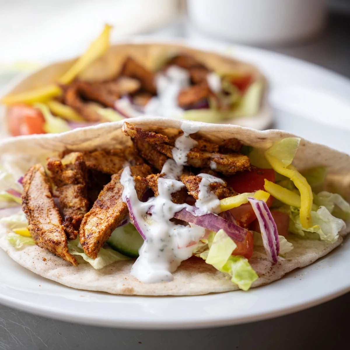 Juicy spiced chicken shawarma sliced thin and wrapped in warm pita with crisp vegetables