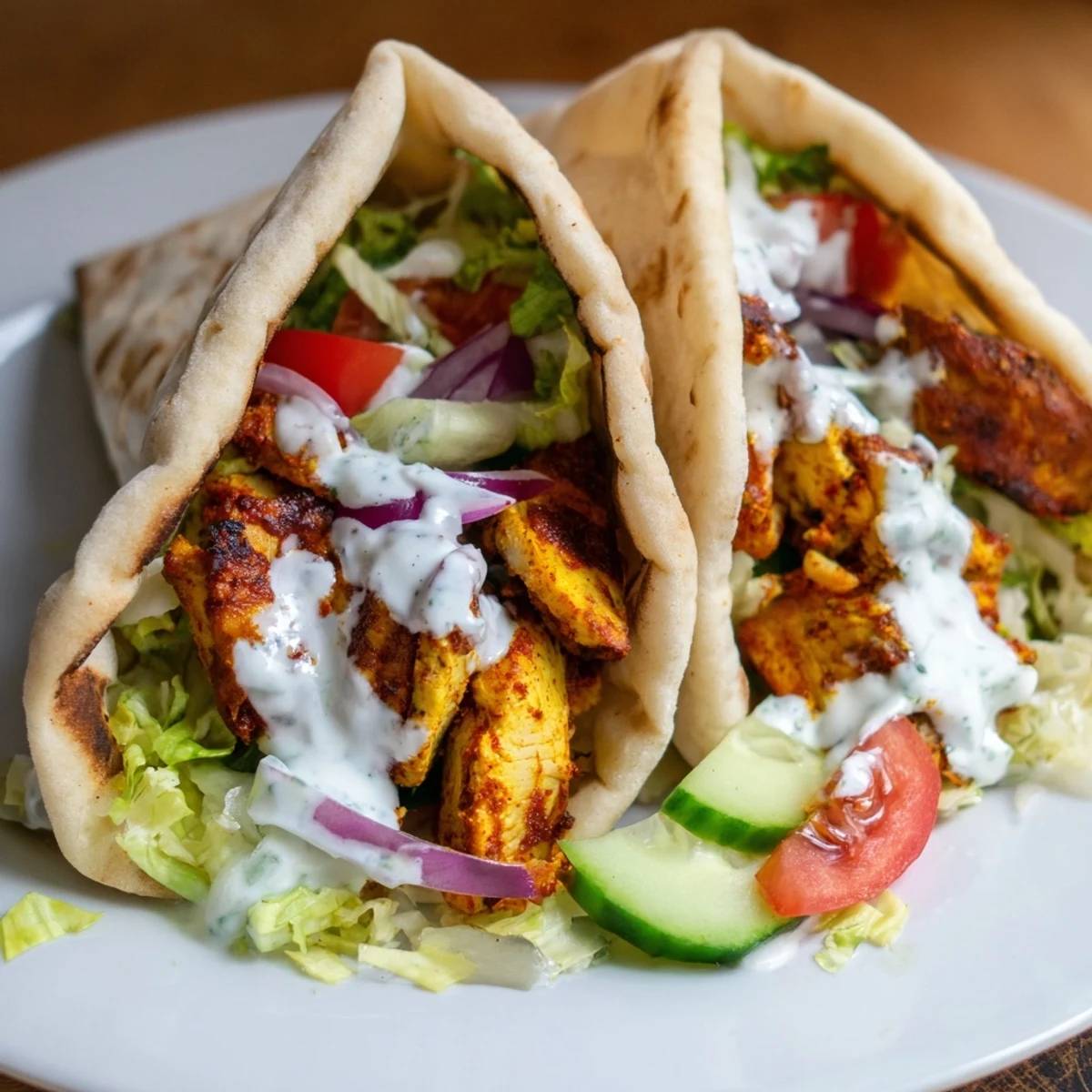 Homemade chicken shawarma packed with marinated tender meat, fresh tomatoes, cucumber, and tangy yogurt sauce