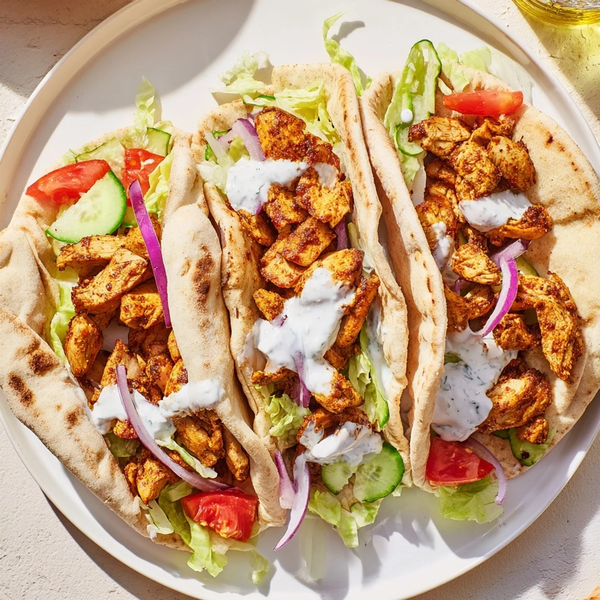 Golden brown chicken shawarma with aromatic Middle Eastern spices drizzled with creamy garlic sauce