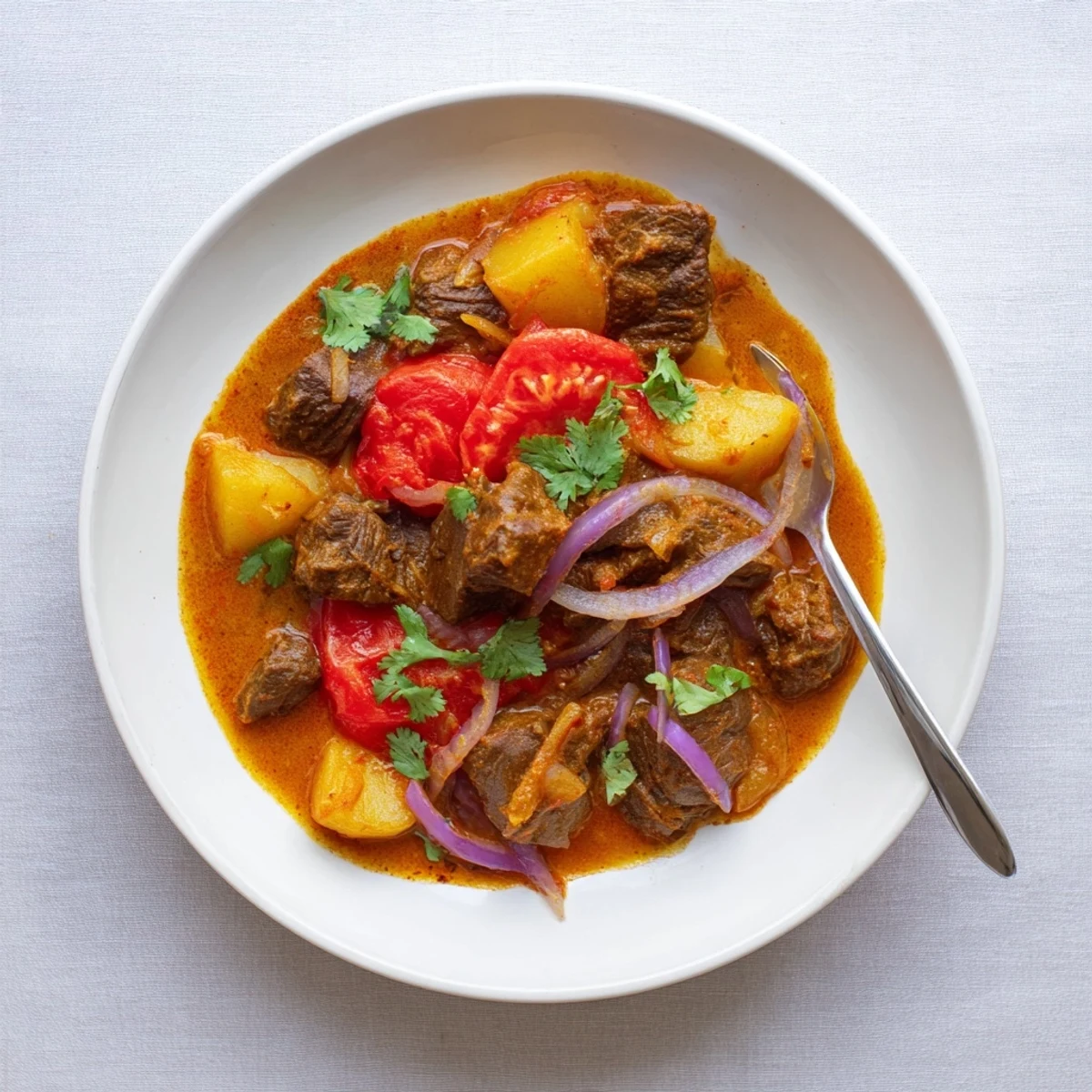 Slow cooker Indian beef curry with tender chunks in rich coconut sauce served over fluffy white rice