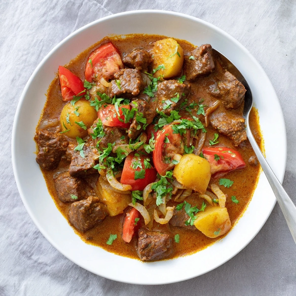 Bowl of aromatic Indian beef curry featuring potatoes and fresh cilantro garnish alongside warm naan bread