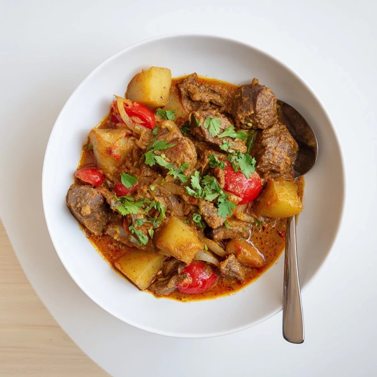 Creamy slow cooker beef curry with deep spiced gravy spooned over basmati rice for dinner