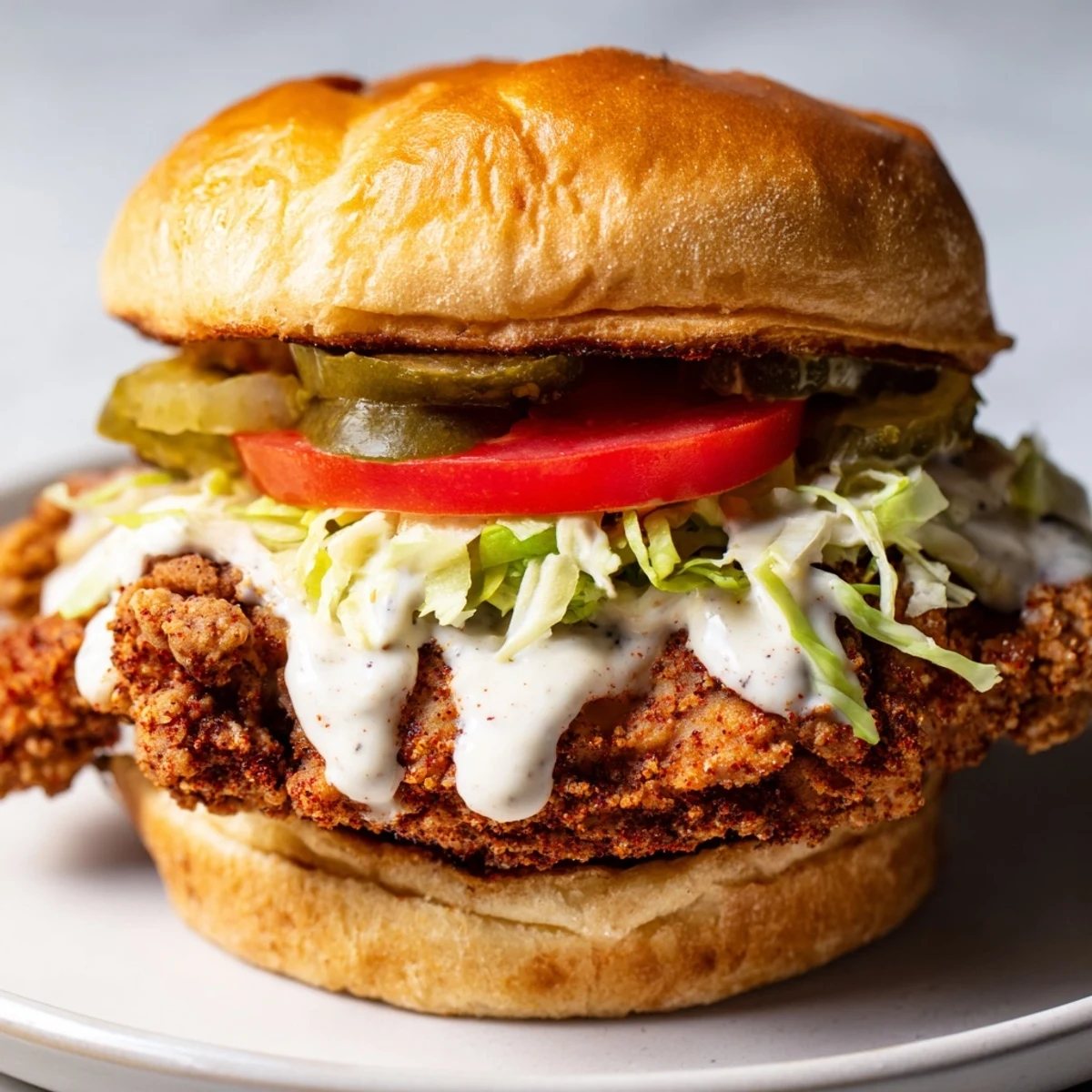 Crispy spicy chicken sandwich stacked with fresh lettuce, tomato, and tangy homemade sauce on toasted brioche bun