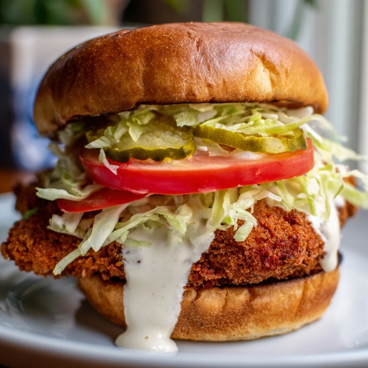 Golden fried spicy chicken breast sandwich topped with creamy homemade sauce and crisp pickles on soft bun