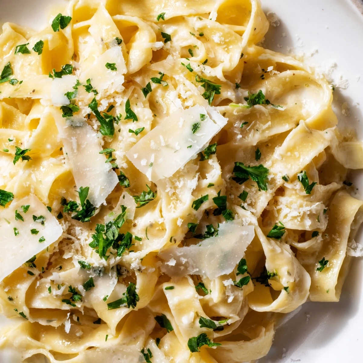Creamy fettuccine Alfredo pasta tossed in silky Parmesan butter sauce with fresh parsley garnish