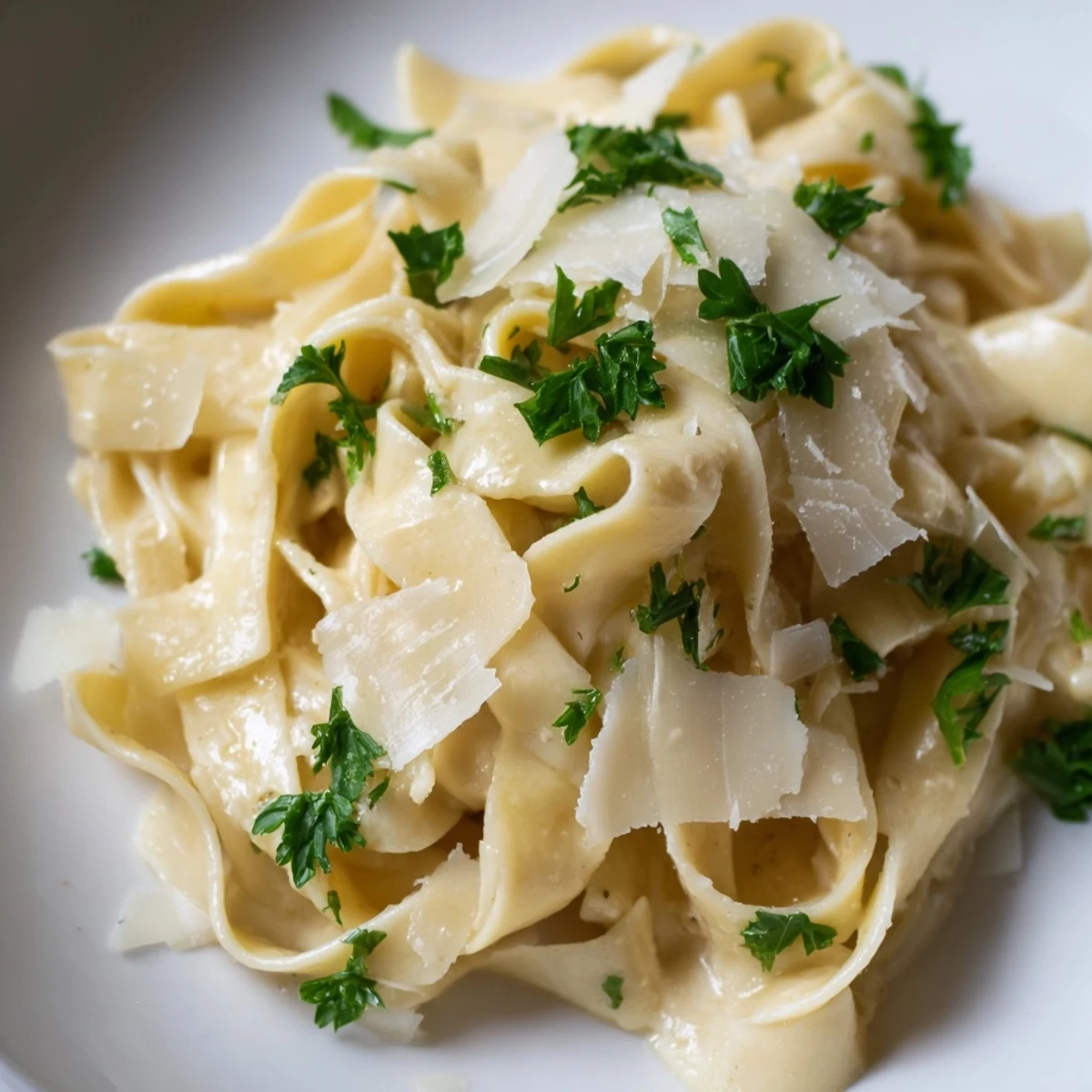 Golden Parmesan fettuccine Alfredo plated with extra cheese and chopped green parsley topping
