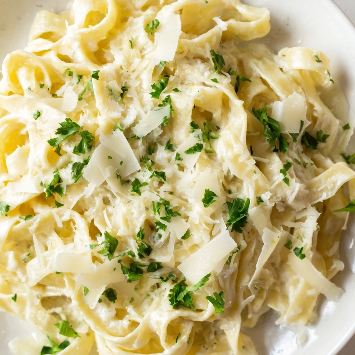 Steaming fettuccine Alfredo in rich white cheese sauce served on white ceramic dinner plate