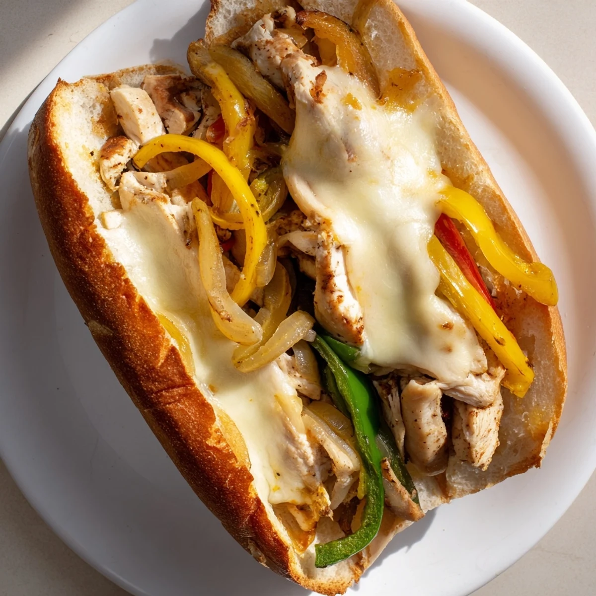 Toasted chicken cheese steak sandwich overflowing with melted provolone and colorful sautéed peppers and onions