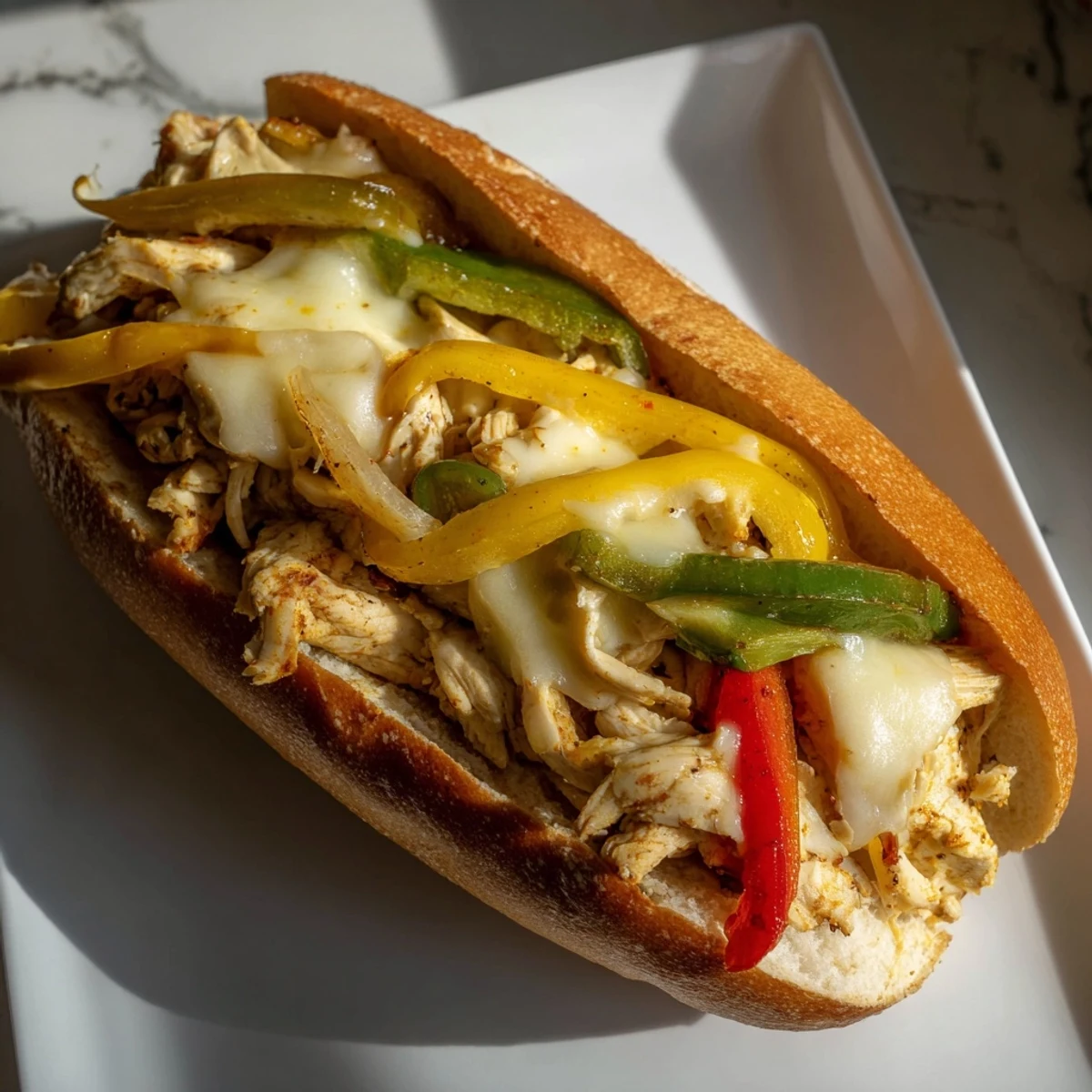 Ultimate chicken cheese steak sandwiches on golden hoagie rolls topped with bubbly melted cheese and caramelized vegetables