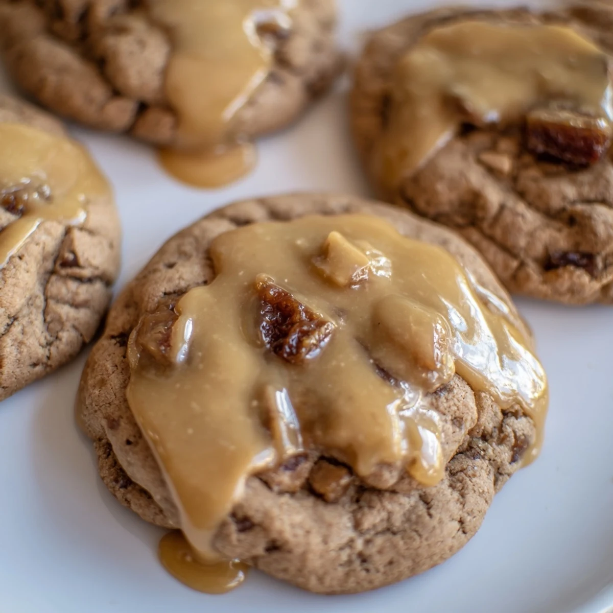 Golden brown sticky toffee pudding cookies drizzled with warm glossy toffee glaze