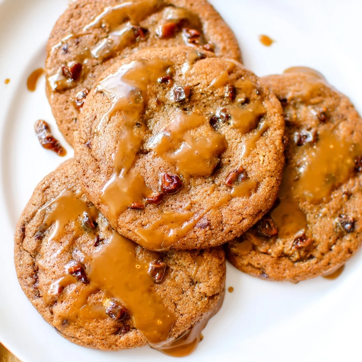 Batch of sticky toffee pudding cookies topped with rich buttery toffee sauce