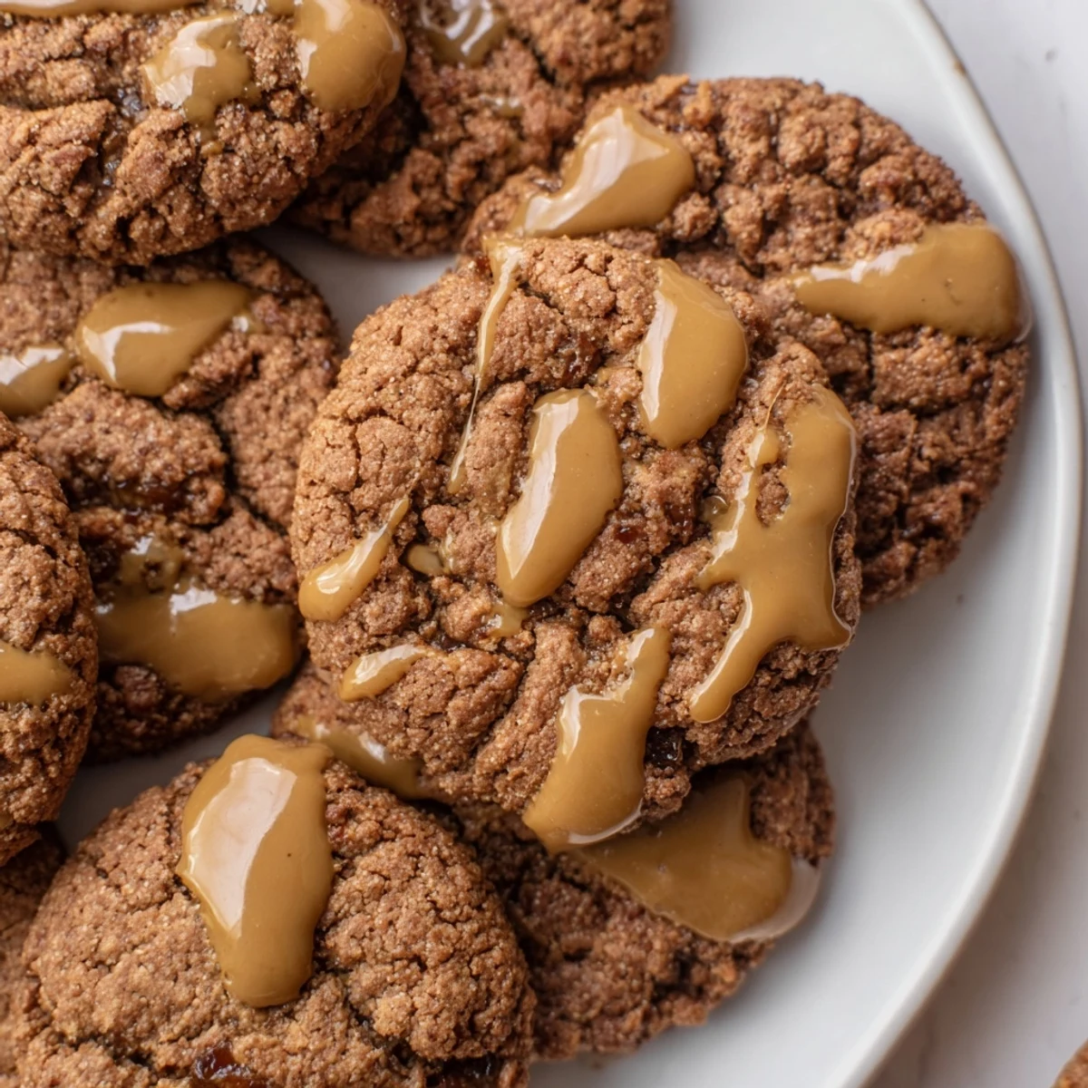 Soft chewy sticky toffee pudding cookies studded with sweet dates on a white plate