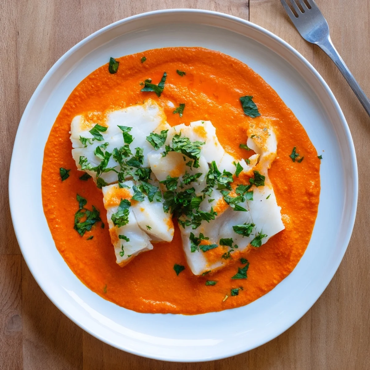 Flaky white cod swimming in a smooth roasted red pepper sauce garnished with fresh parsley