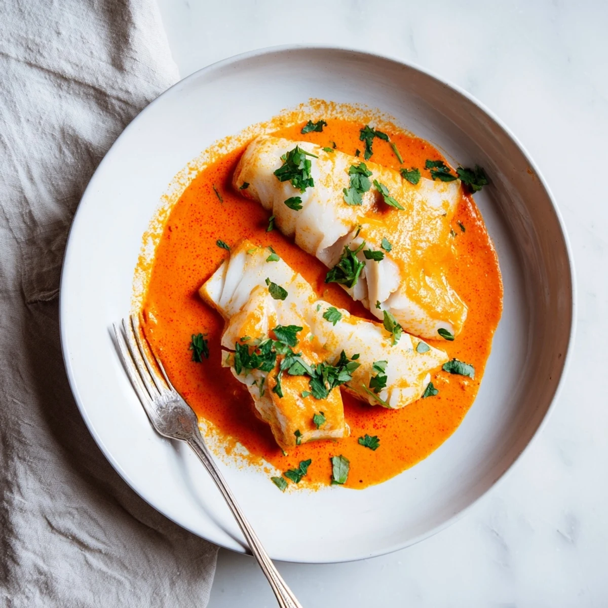 Golden pan-seared cod fillets nestled in a vibrant orange roasted red pepper cream sauce