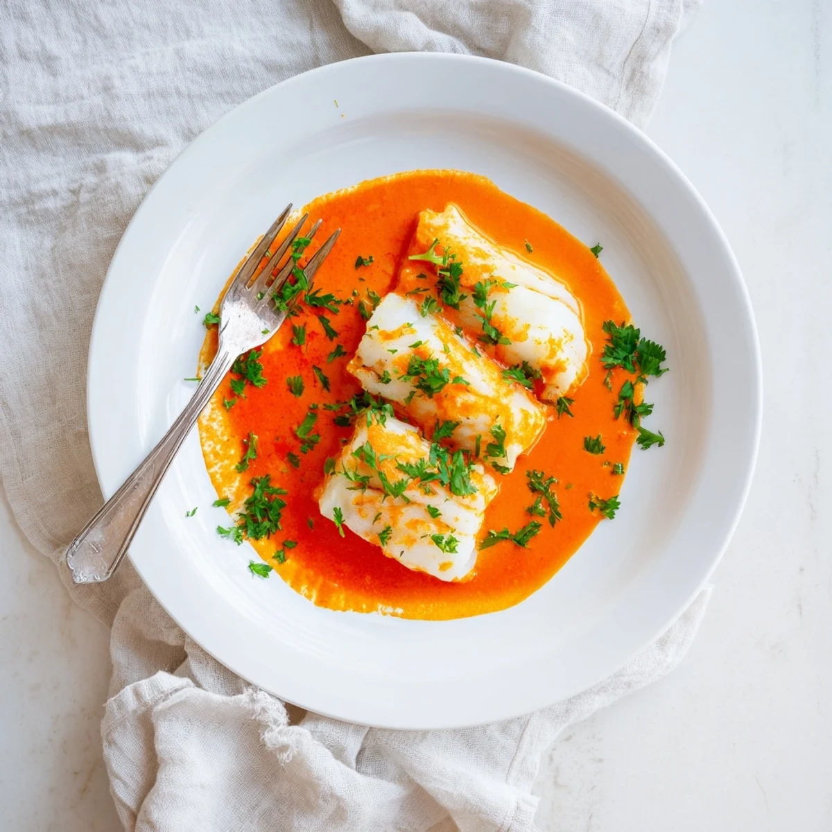 Tender Mediterranean-style cod baked in a rich red pepper sauce with lemon wedges on the side