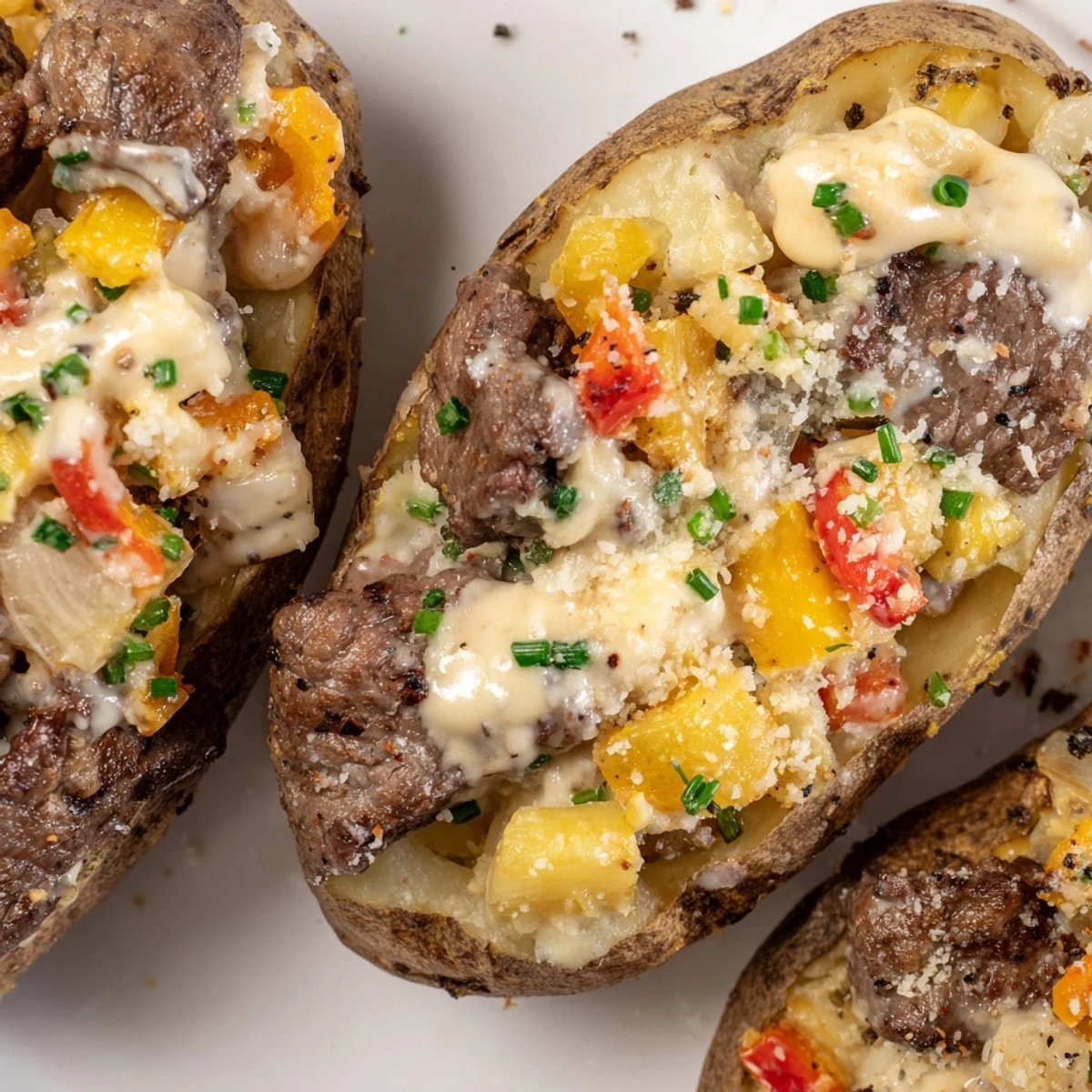 Golden baked potato loaded with seasoned steak cubes and drizzled with rich Parmesan cream sauce