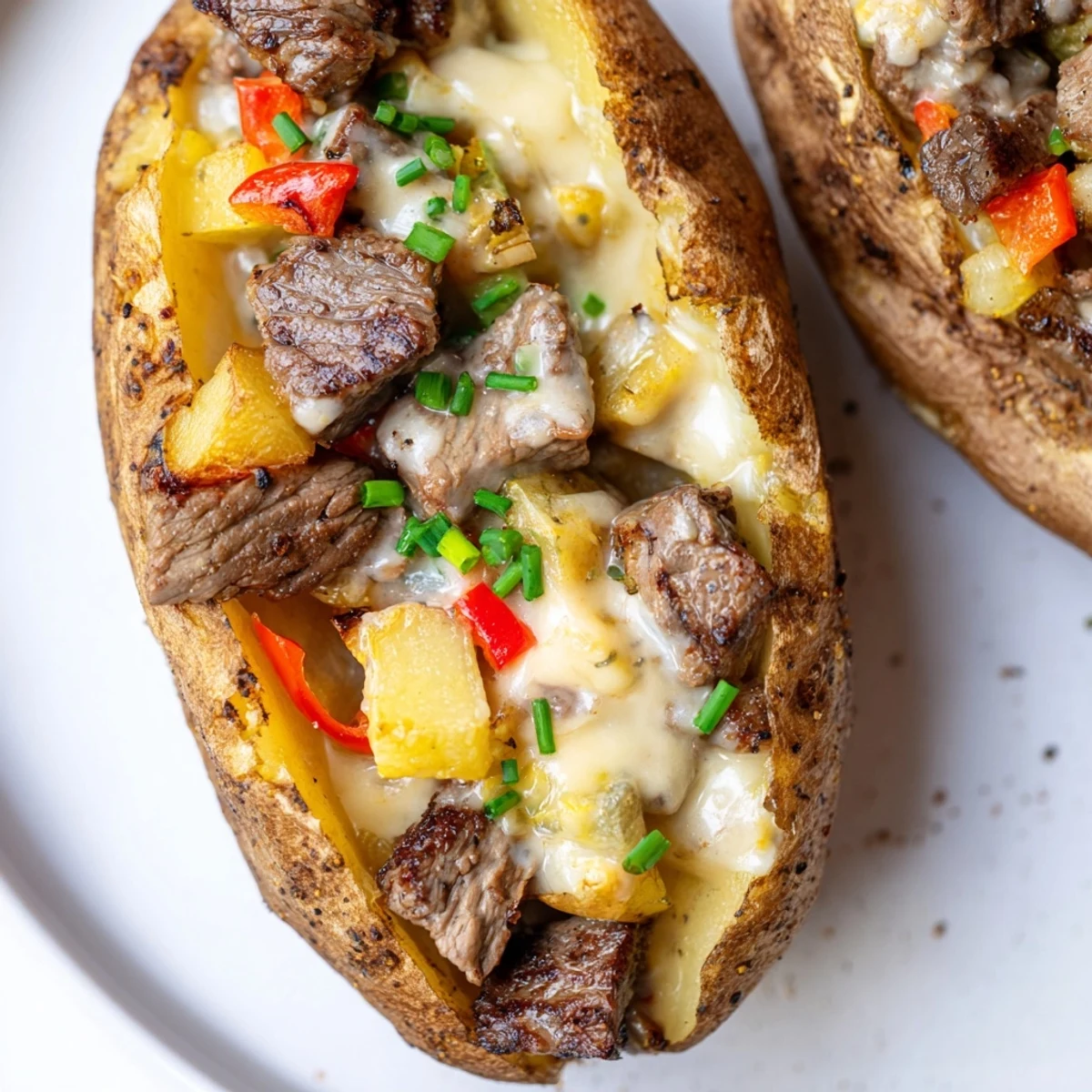 Fluffy stuffed baked potato overflowing with juicy steak filling topped with creamy white cheese sauce