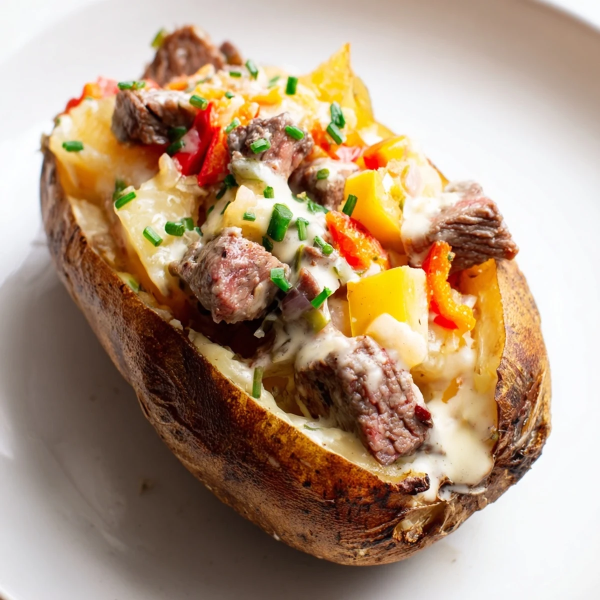 Crispy skinned potato halved and filled with savory steak pieces beneath a velvety Parmesan cream glaze