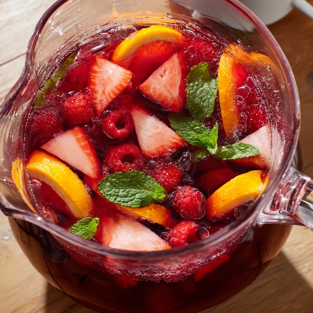 Garnished glass of refreshing love potion punch with floating strawberry slices and fresh mint leaves