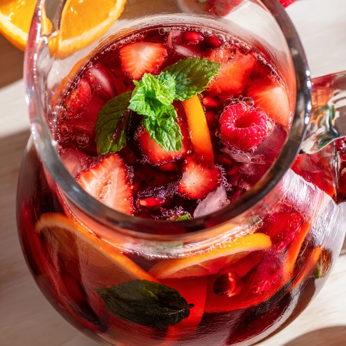 Sparkling love potion punch poured over ice with colorful fruit garnish and mint sprig