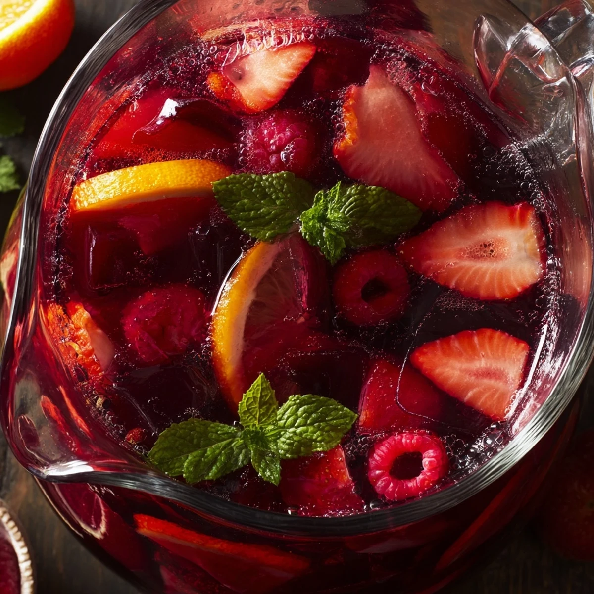 Vibrant pink love potion punch in crystal pitcher topped with orange wheels and raspberries
