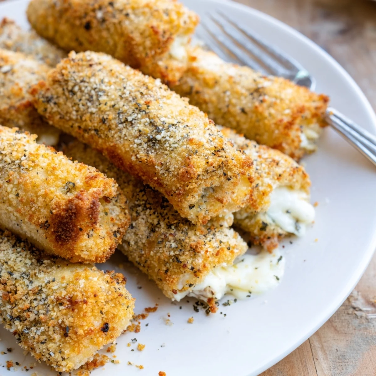 Homemade crispy cheesy roll ups served hot with marinara dipping sauce