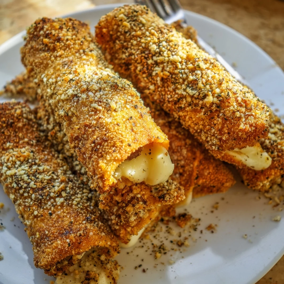 Pan-fried crispy cheesy roll ups sprinkled with Parmesan garlic panko coating